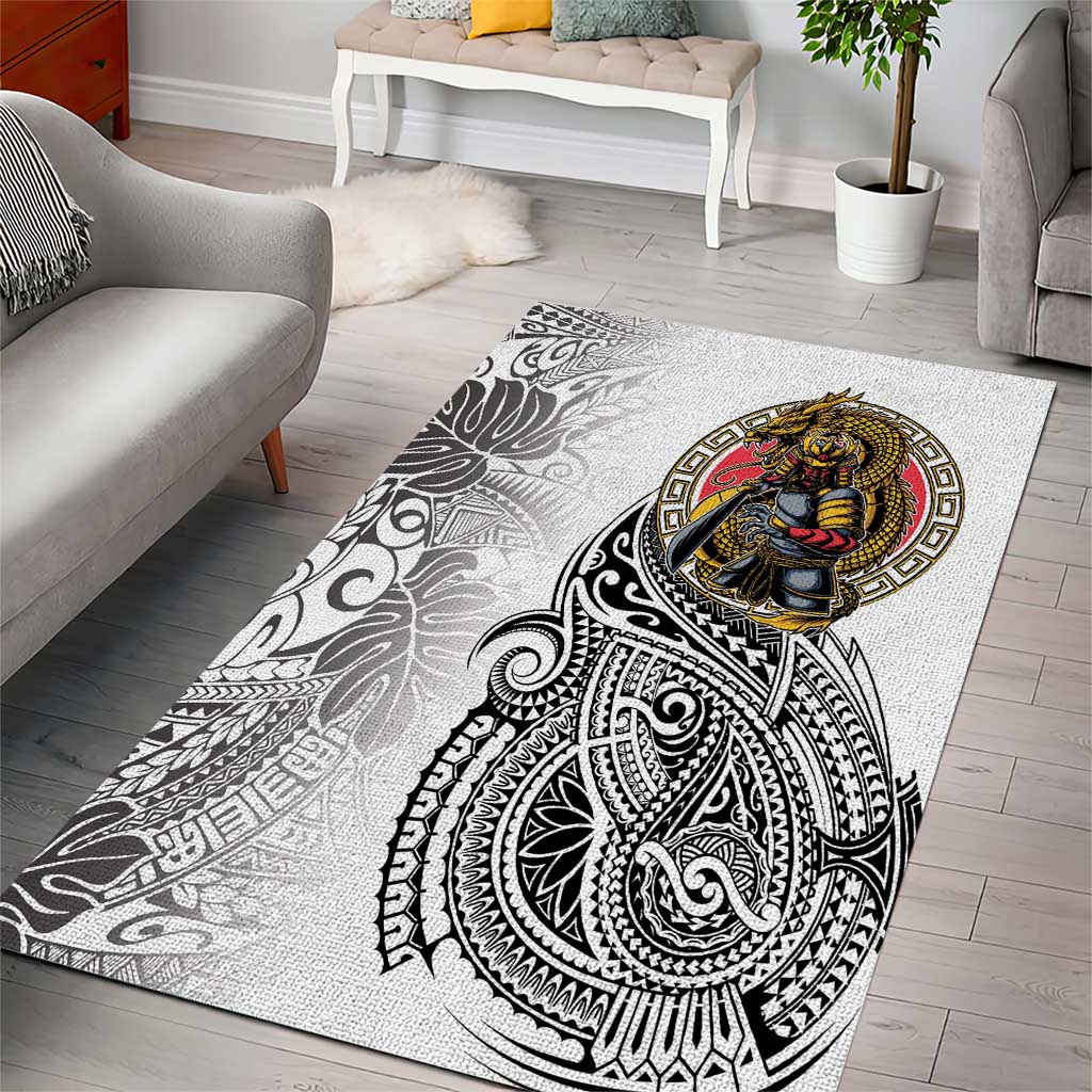 Japanese Samurai Warrior Area Rug White Polynesian Tattoo Style LT9 - Polynesian Pride