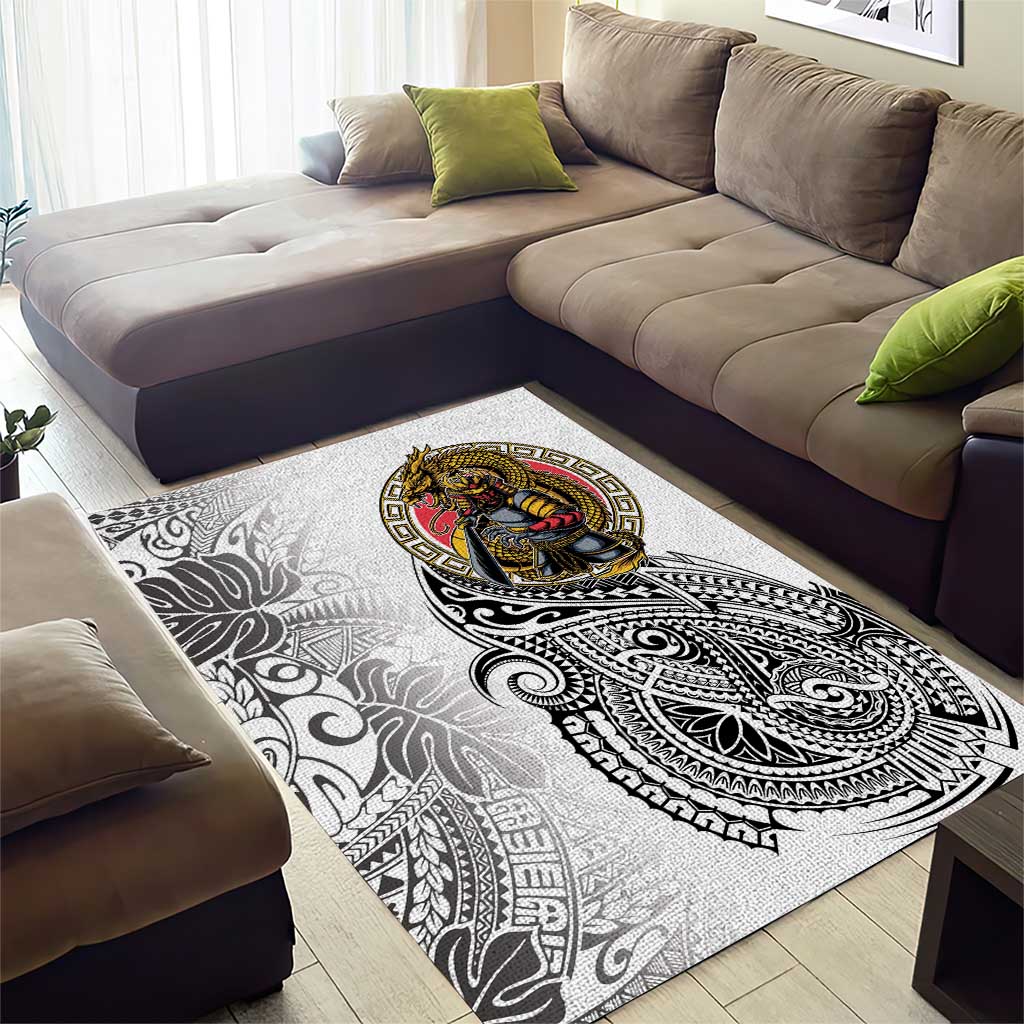 Japanese Samurai Warrior Area Rug White Polynesian Tattoo Style LT9 - Polynesian Pride