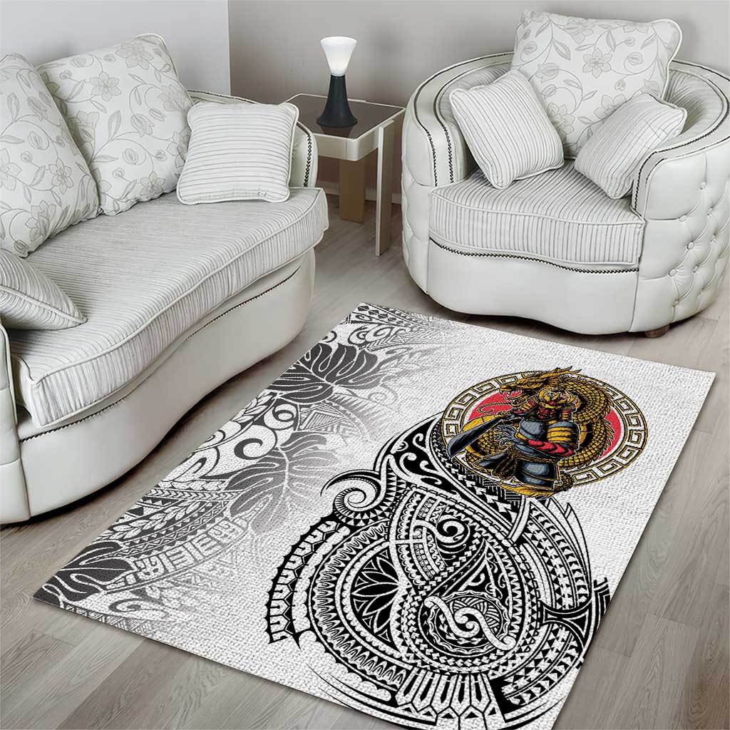 Japanese Samurai Warrior Area Rug White Polynesian Tattoo Style LT9 - Polynesian Pride