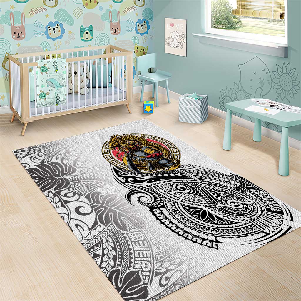 Japanese Samurai Warrior Area Rug White Polynesian Tattoo Style LT9 - Polynesian Pride