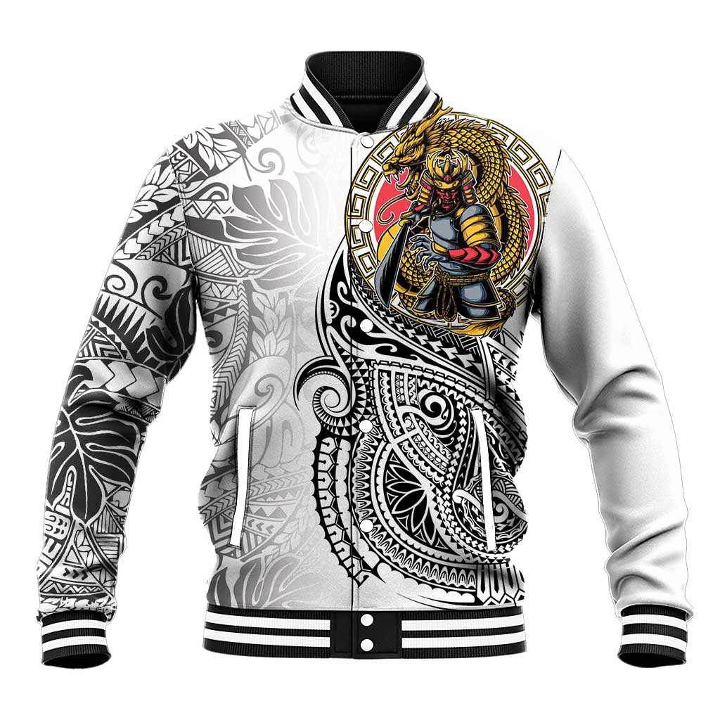 Japanese Samurai Warrior Baseball Jacket White Polynesian Tattoo Style LT9 Unisex White - Polynesian Pride