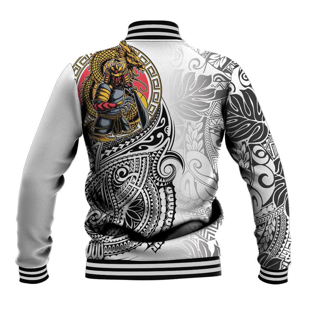 Japanese Samurai Warrior Baseball Jacket White Polynesian Tattoo Style LT9 - Polynesian Pride