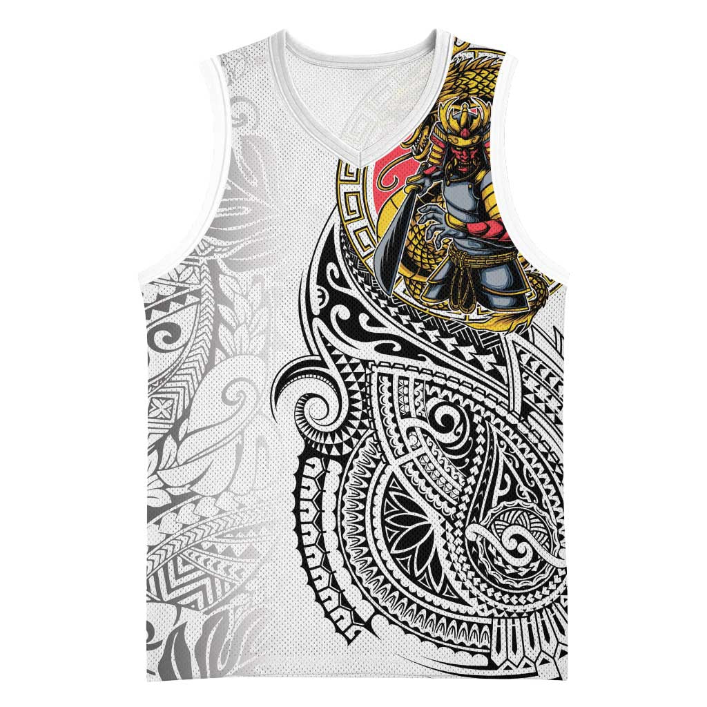 Japanese Samurai Warrior Basketball Jersey White Polynesian Tattoo Style LT9 Unisex White - Polynesian Pride