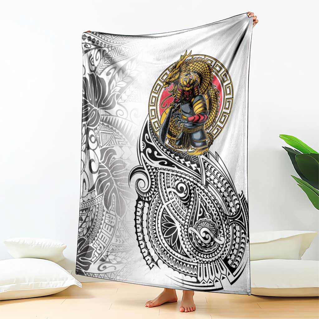 Japanese Samurai Warrior Blanket White Polynesian Tattoo Style