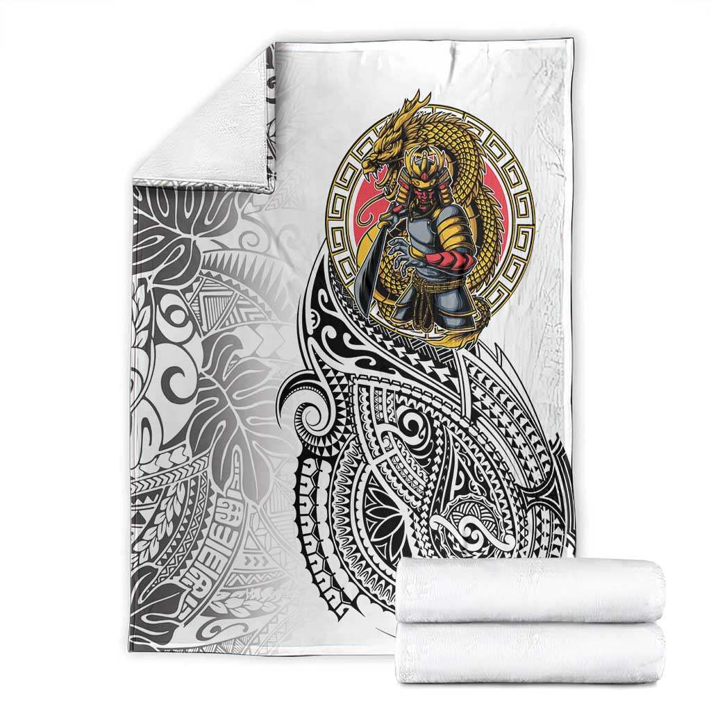 Japanese Samurai Warrior Blanket White Polynesian Tattoo Style