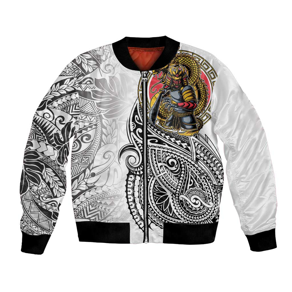 Japanese Samurai Warrior Bomber Jacket White Polynesian Tattoo Style LT9 Unisex White - Polynesian Pride
