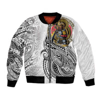 Japanese Samurai Warrior Bomber Jacket White Polynesian Tattoo Style LT9 Unisex White - Polynesian Pride