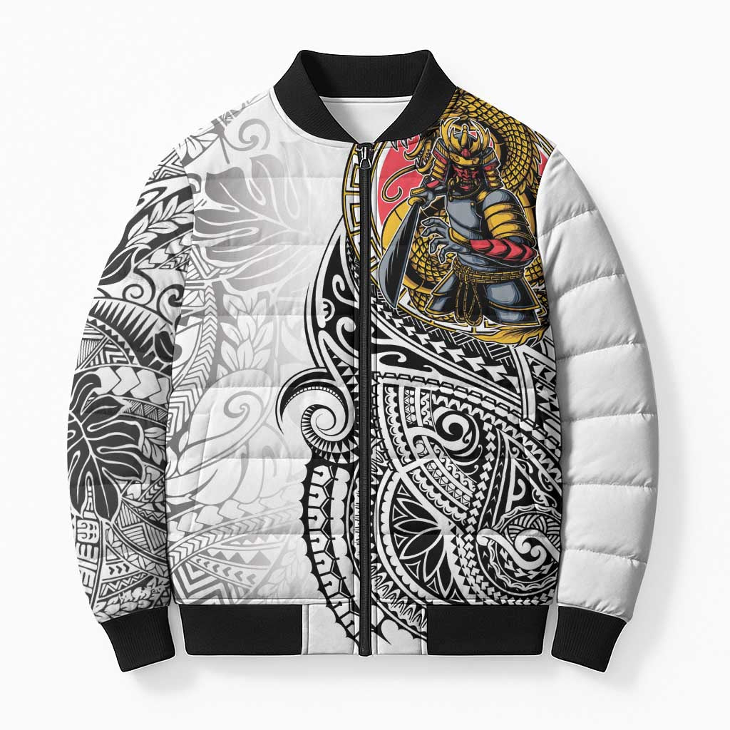 Japanese Samurai Warrior Bomber Puffer Jacket White Polynesian Tattoo Style LT9 Unisex White - Polynesian Pride