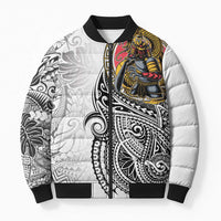Japanese Samurai Warrior Bomber Puffer Jacket White Polynesian Tattoo Style LT9 Unisex White - Polynesian Pride