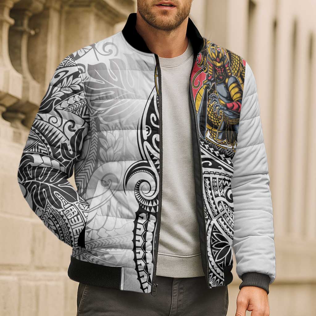 Japanese Samurai Warrior Bomber Puffer Jacket White Polynesian Tattoo Style LT9 - Polynesian Pride
