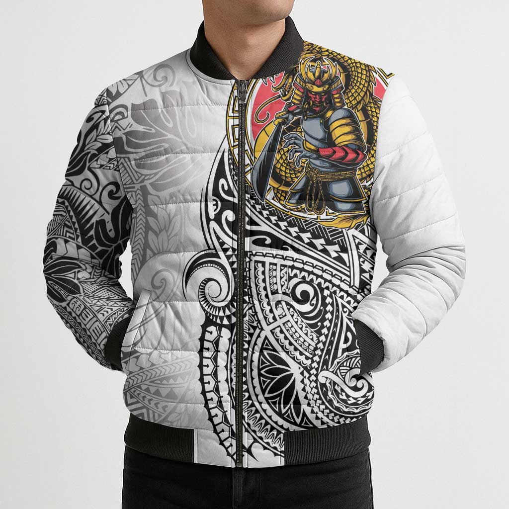 Japanese Samurai Warrior Bomber Puffer Jacket White Polynesian Tattoo Style LT9 - Polynesian Pride