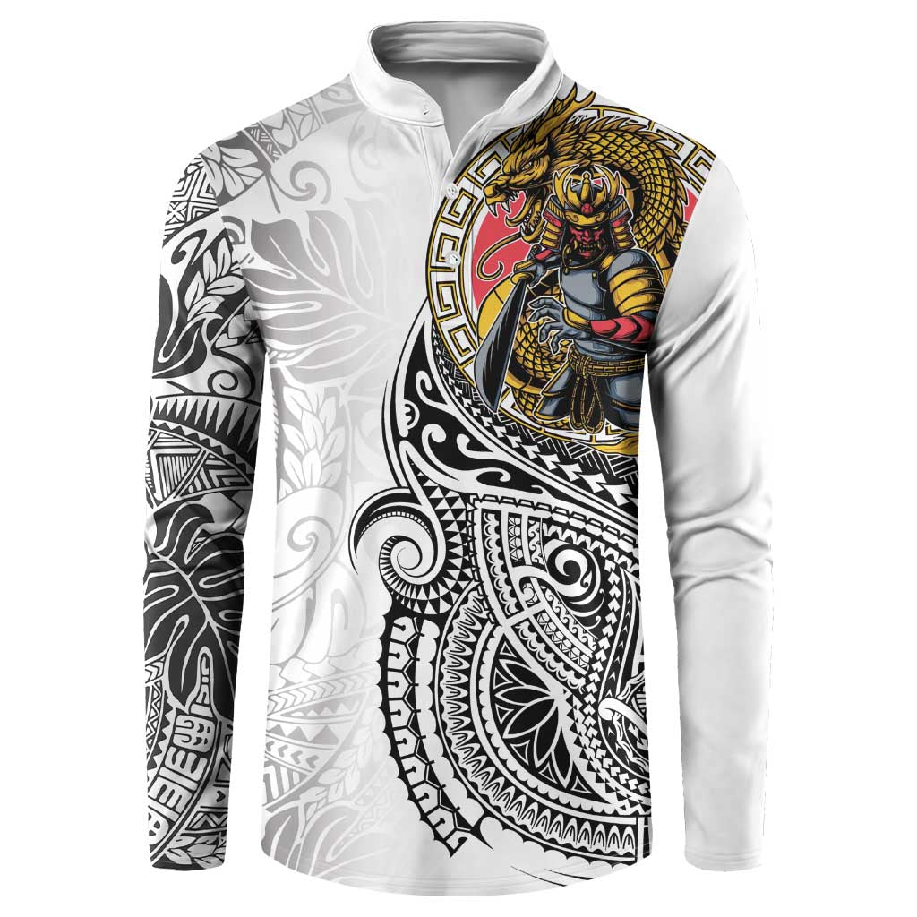 Japanese Samurai Warrior Button Sweatshirt White Polynesian Tattoo Style LT9 White - Polynesian Pride