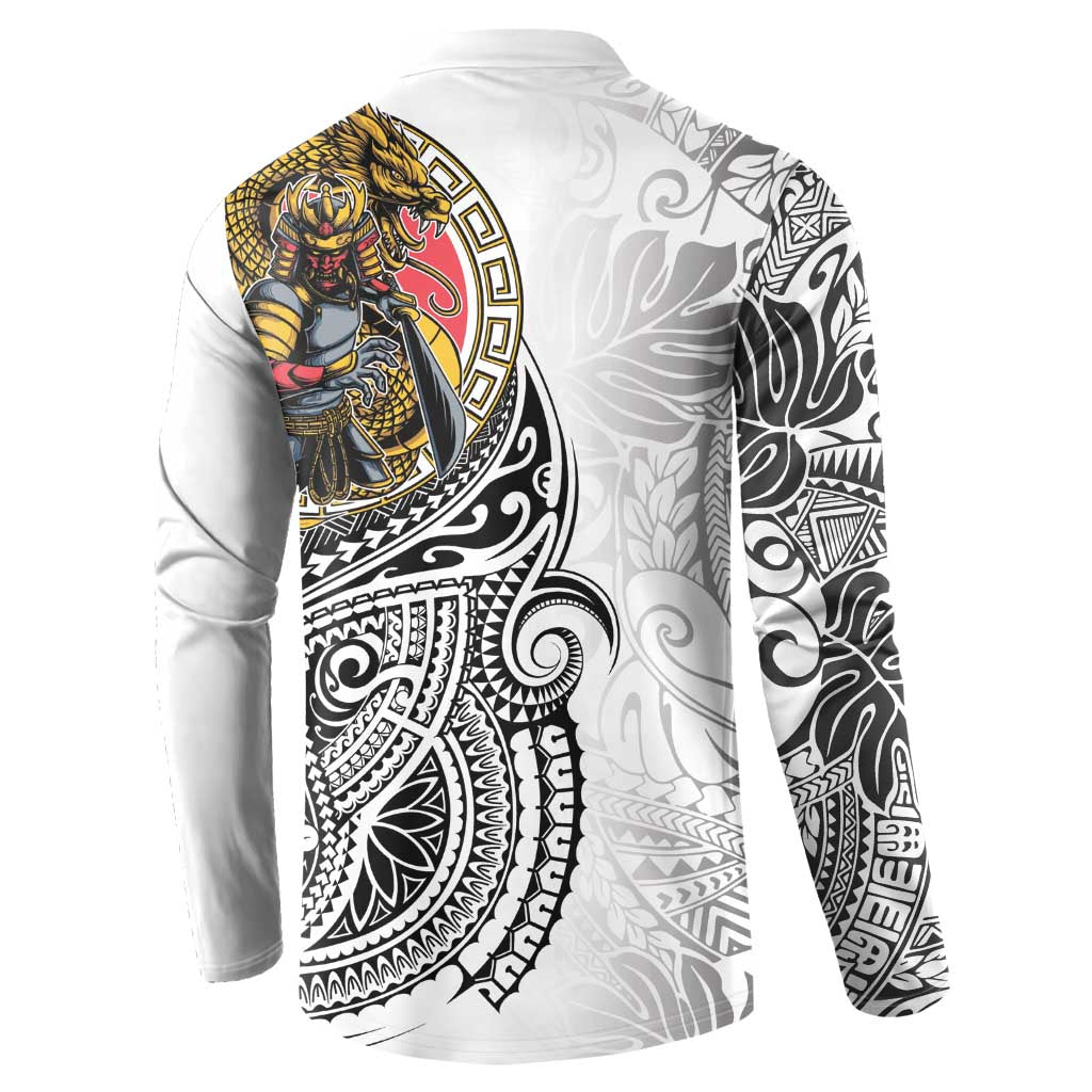 Japanese Samurai Warrior Button Sweatshirt White Polynesian Tattoo Style LT9 - Polynesian Pride