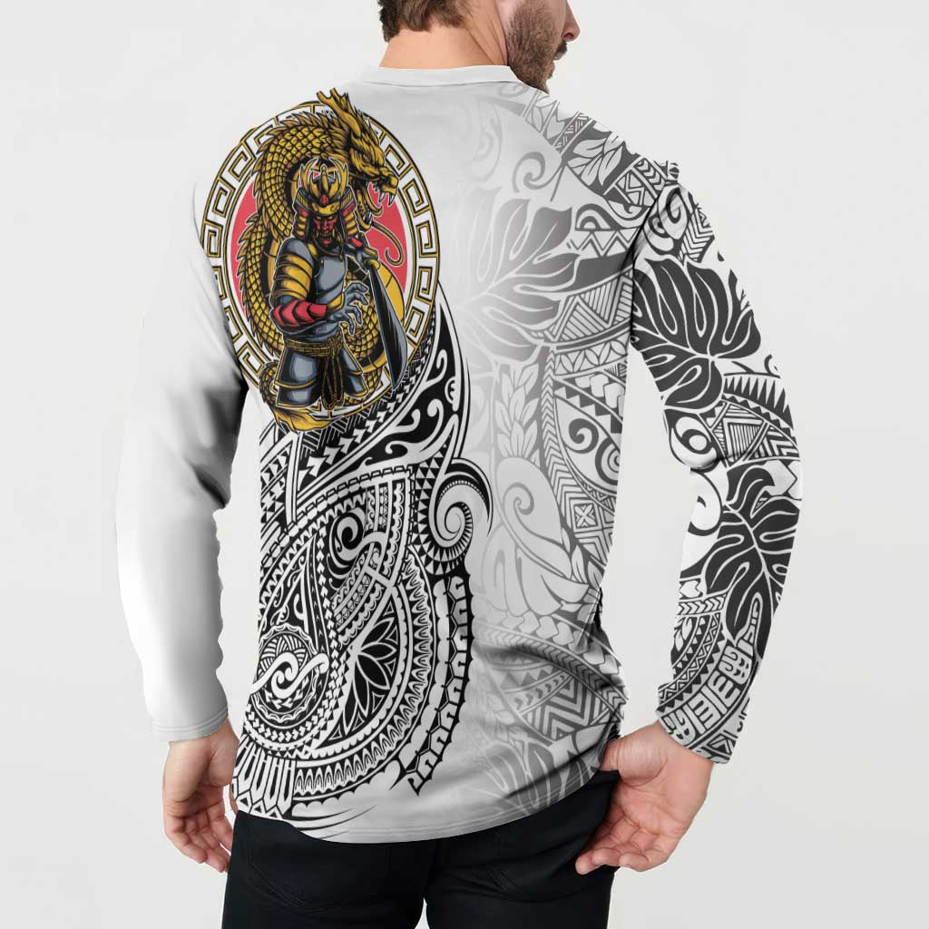 Japanese Samurai Warrior Button Sweatshirt White Polynesian Tattoo Style LT9 - Polynesian Pride