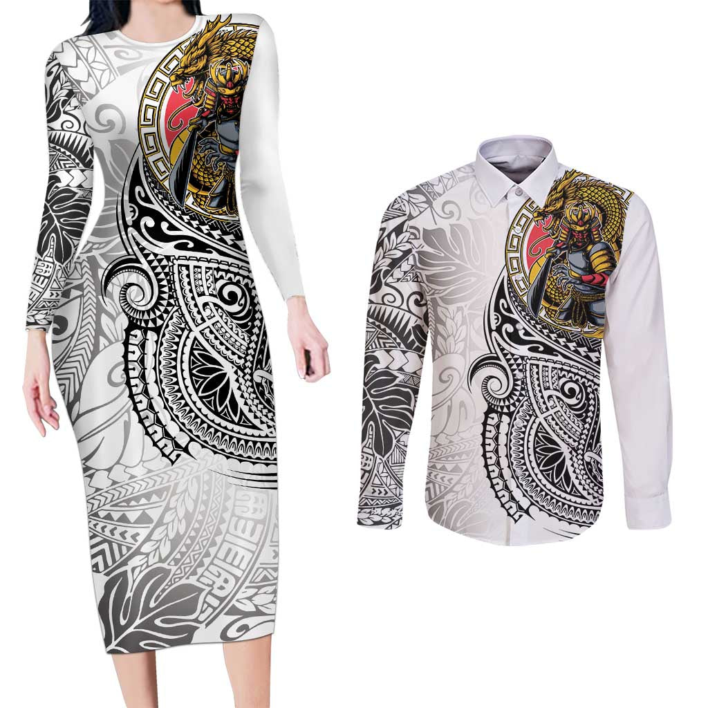 Japanese Samurai Warrior Couples Matching Long Sleeve Bodycon Dress and Long Sleeve Button Shirt White Polynesian Tattoo Style
