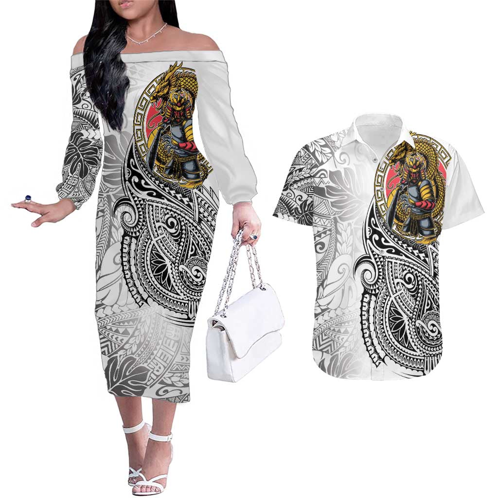Japanese Samurai Warrior Couples Matching Off The Shoulder Long Sleeve Dress and Hawaiian Shirt White Polynesian Tattoo Style