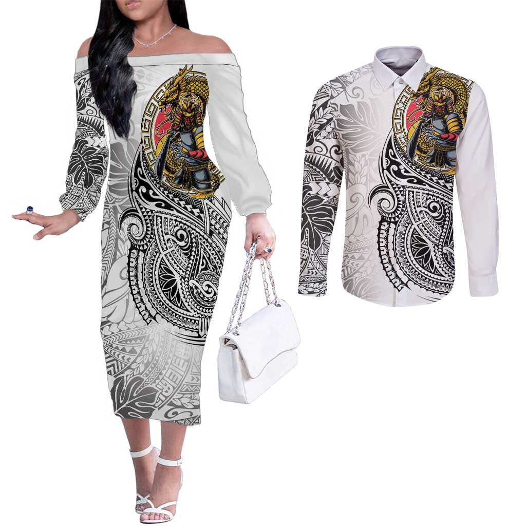 Japanese Samurai Warrior Couples Matching Off The Shoulder Long Sleeve Dress and Long Sleeve Button Shirt White Polynesian Tattoo Style