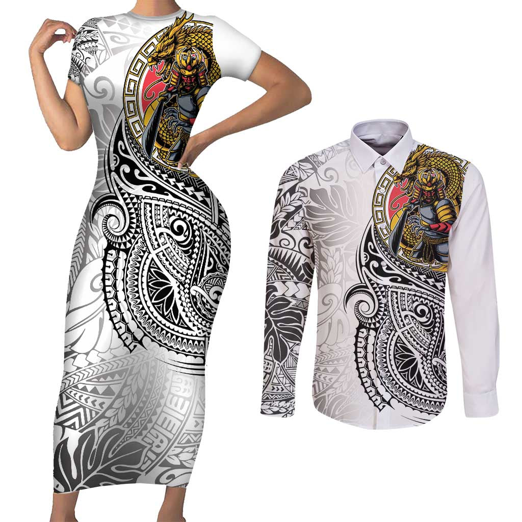 Japanese Samurai Warrior Couples Matching Short Sleeve Bodycon Dress and Long Sleeve Button Shirt White Polynesian Tattoo Style