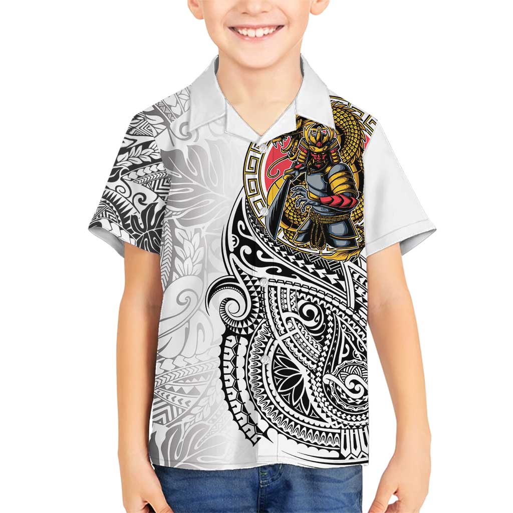 Japanese Samurai Warrior Family Matching Long Sleeve Bodycon Dress and Hawaiian Shirt White Polynesian Tattoo Style