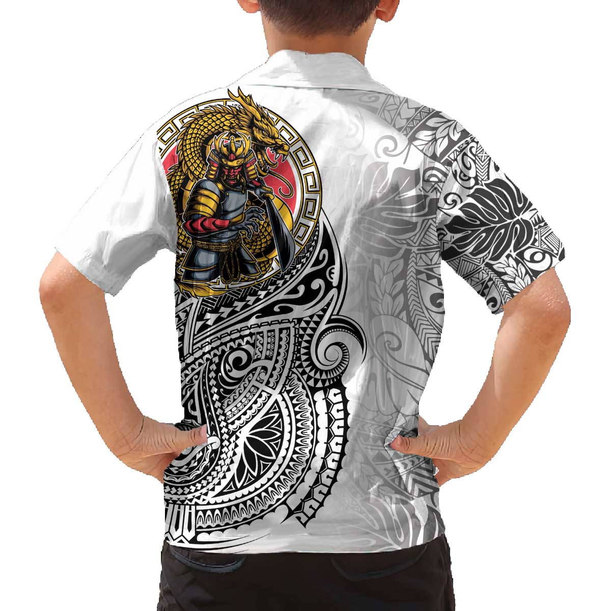 Japanese Samurai Warrior Family Matching Off The Shoulder Long Sleeve Dress and Hawaiian Shirt White Polynesian Tattoo Style