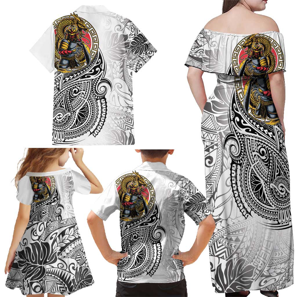 Japanese Samurai Warrior Family Matching Off Shoulder Maxi Dress and Hawaiian Shirt White Polynesian Tattoo Style