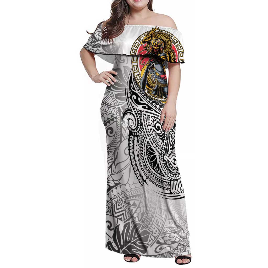 Japanese Samurai Warrior Family Matching Off Shoulder Maxi Dress and Hawaiian Shirt White Polynesian Tattoo Style