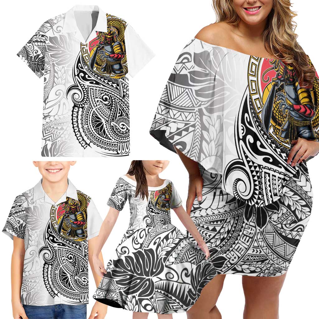 Japanese Samurai Warrior Family Matching Off Shoulder Short Dress and Hawaiian Shirt White Polynesian Tattoo Style