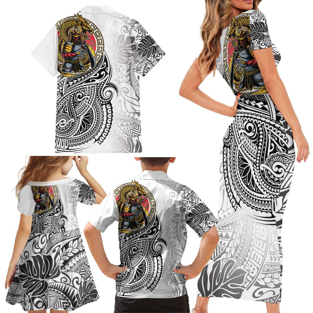 Japanese Samurai Warrior Family Matching Short Sleeve Bodycon Dress and Hawaiian Shirt White Polynesian Tattoo Style LT9 - Polynesian Pride