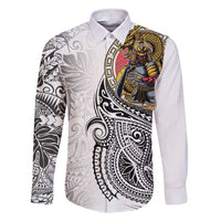 Japanese Samurai Warrior Family Matching Short Sleeve Bodycon Dress and Hawaiian Shirt White Polynesian Tattoo Style LT9 Dad's Shirt - Long Sleeve White - Polynesian Pride
