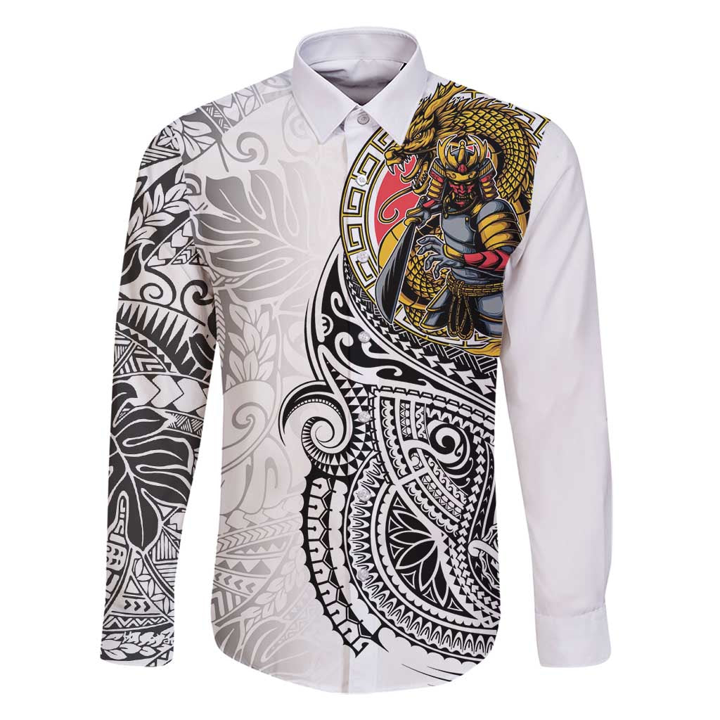 Japanese Samurai Warrior Family Matching Summer Maxi Dress and Hawaiian Shirt White Polynesian Tattoo Style LT9 Dad's Shirt - Long Sleeve White - Polynesian Pride