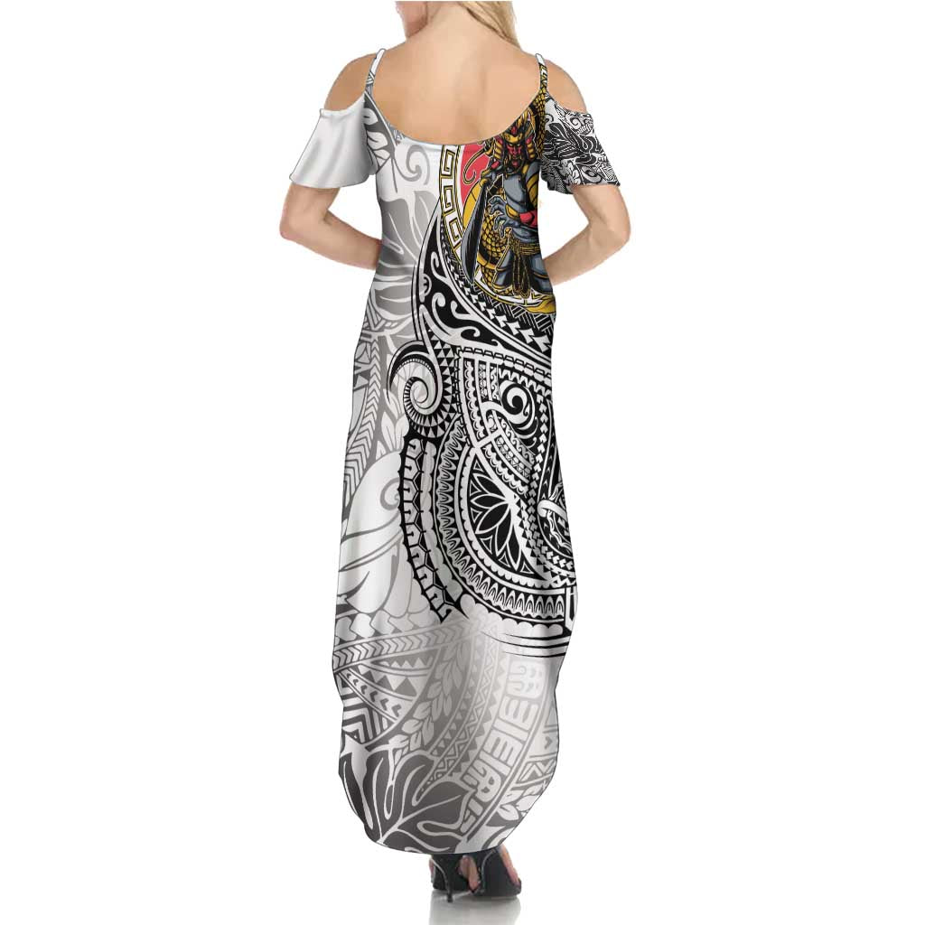 Japanese Samurai Warrior Family Matching Summer Maxi Dress and Hawaiian Shirt White Polynesian Tattoo Style LT9 - Polynesian Pride