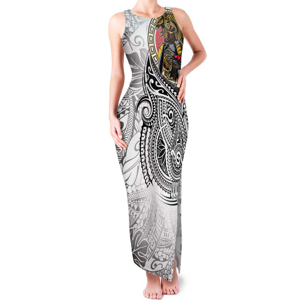 Japanese Samurai Warrior Family Matching Tank Maxi Dress and Hawaiian Shirt White Polynesian Tattoo Style LT9 Mom's Dress White - Polynesian Pride