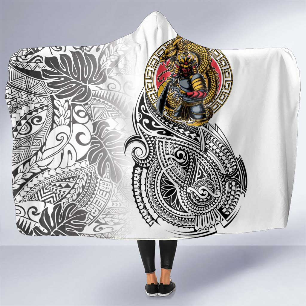 Japanese Samurai Warrior Hooded Blanket White Polynesian Tattoo Style