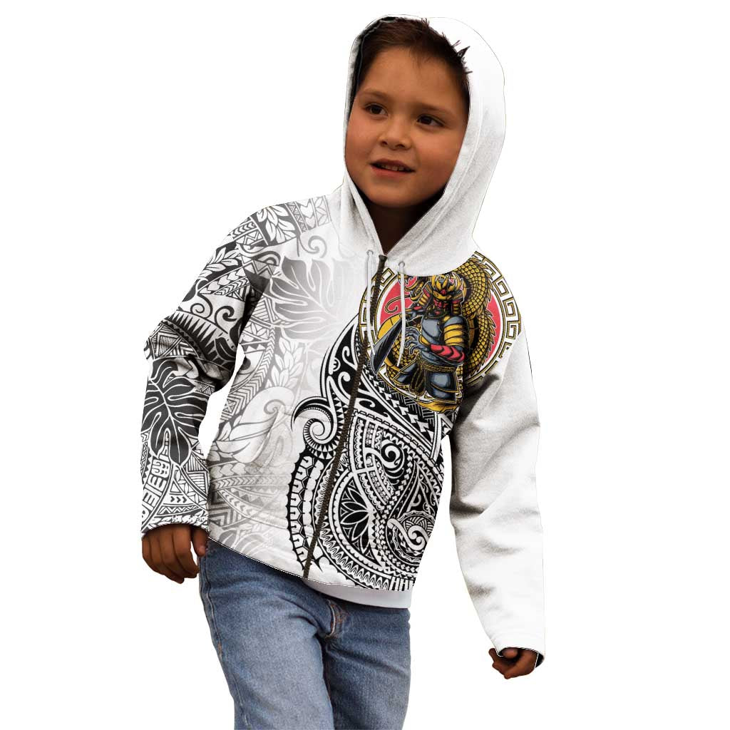 Japanese Samurai Warrior Kid Hoodie White Polynesian Tattoo Style