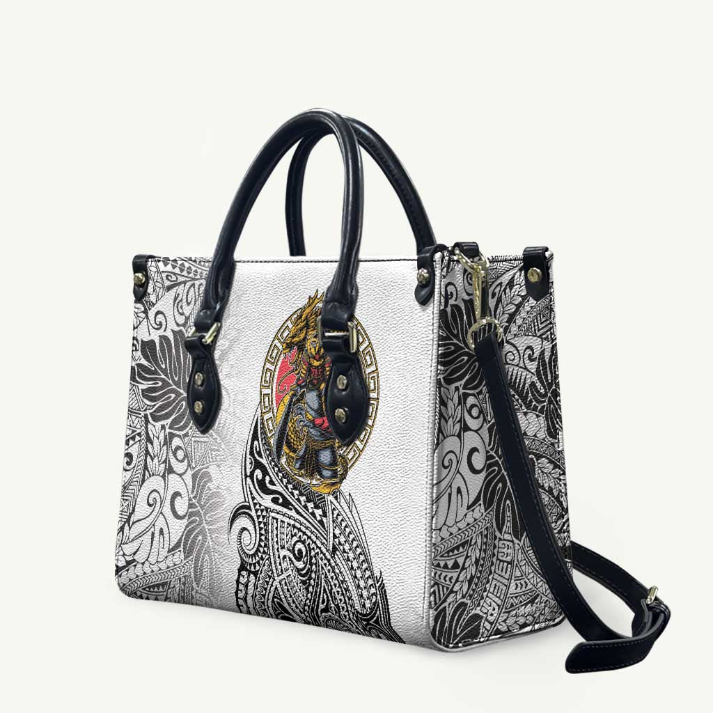 Japanese Samurai Warrior Leather Bag White Polynesian Tattoo Style - Polynesian Pride