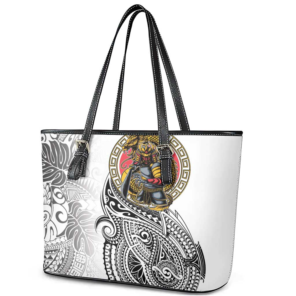 Japanese Samurai Warrior Leather Tote Bag White Polynesian Tattoo Style LT9 - Polynesian Pride