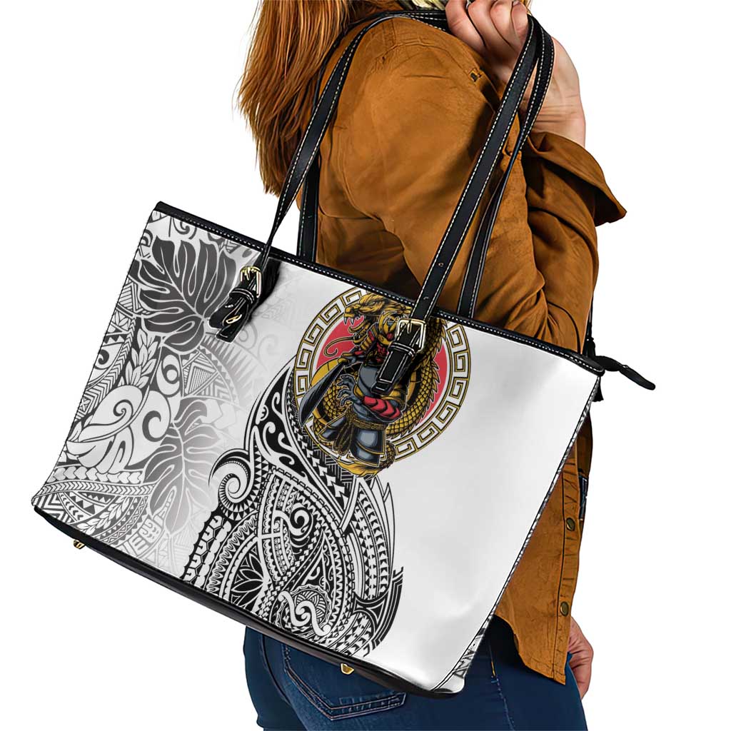 Japanese Samurai Warrior Leather Tote Bag White Polynesian Tattoo Style LT9 - Polynesian Pride