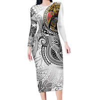 Japanese Samurai Warrior Long Sleeve Bodycon Dress White Polynesian Tattoo Style