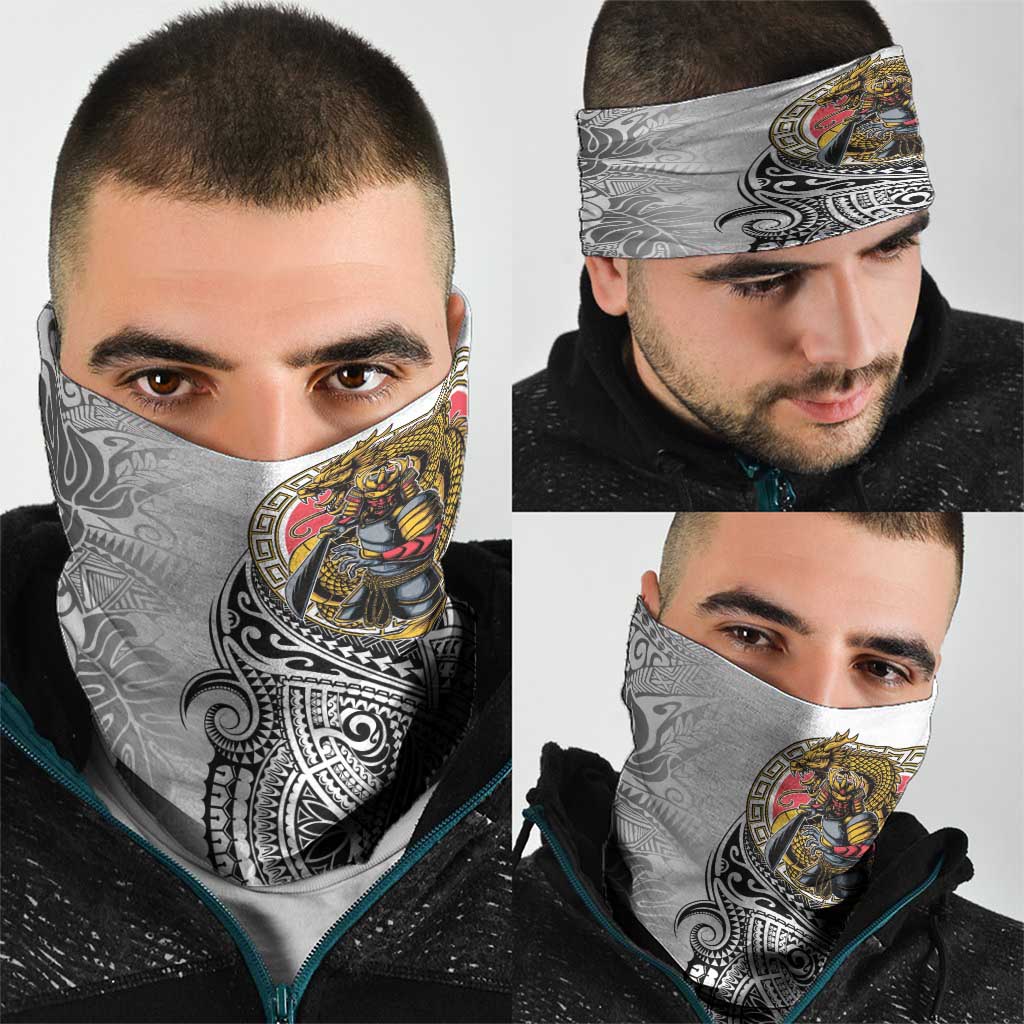 Japanese Samurai Warrior Neck Gaiter White Polynesian Tattoo Style - Polynesian Pride