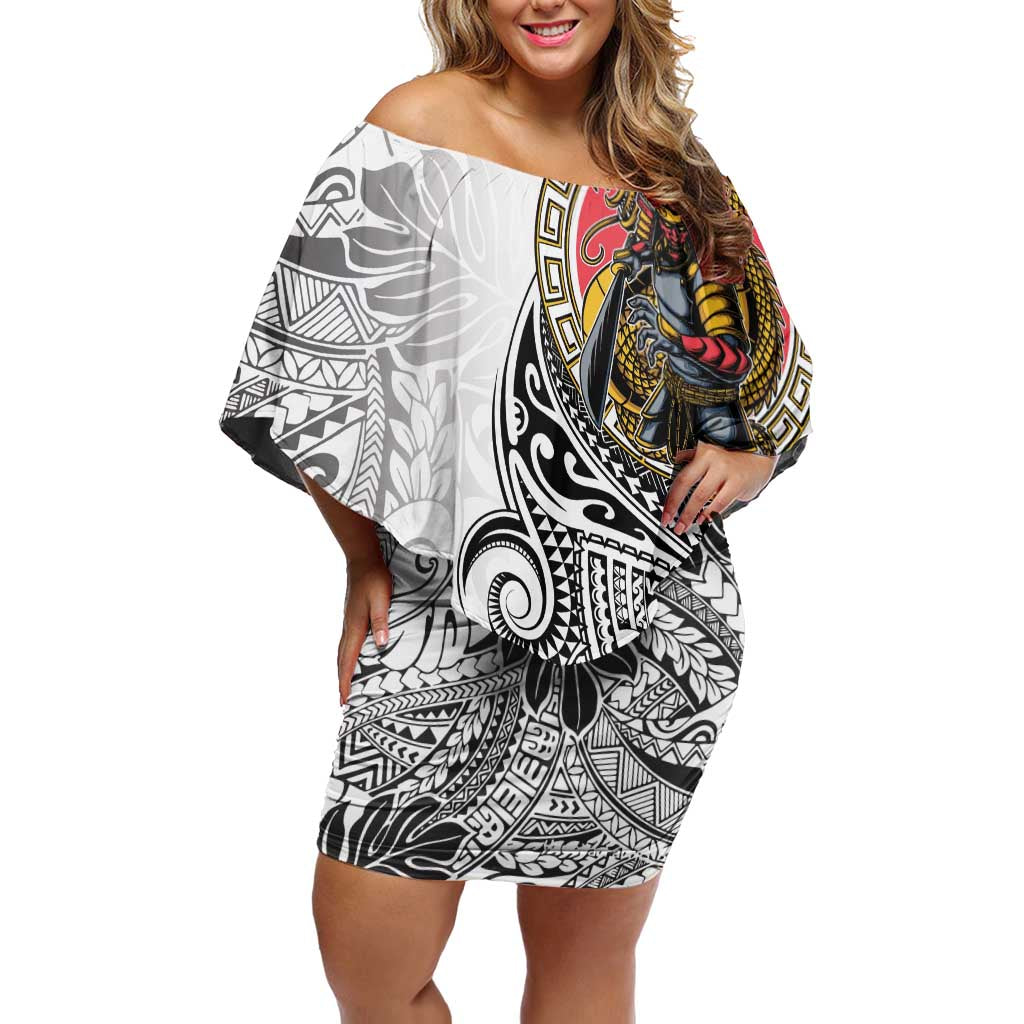 Japanese Samurai Warrior Off Shoulder Short Dress White Polynesian Tattoo Style