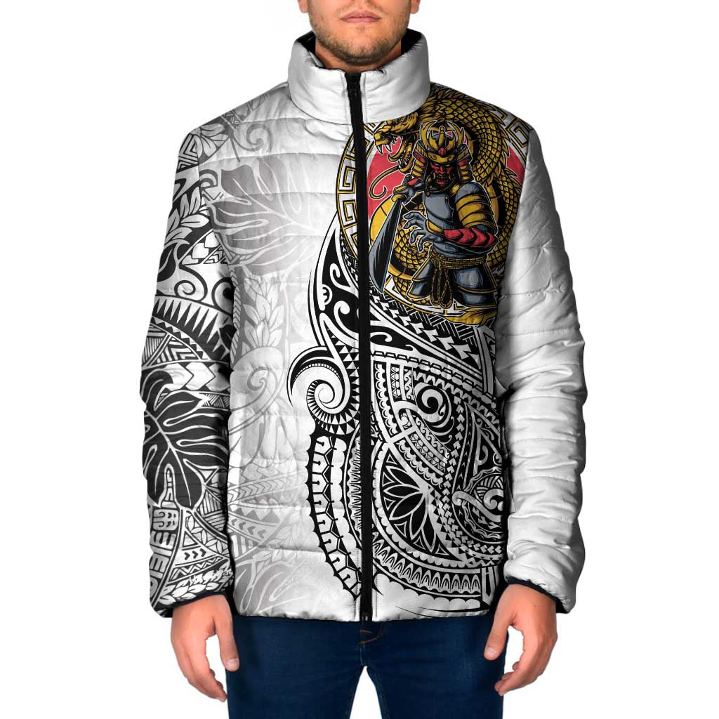 Japanese Samurai Warrior Padded Jacket White Polynesian Tattoo Style LT9 Men White - Polynesian Pride