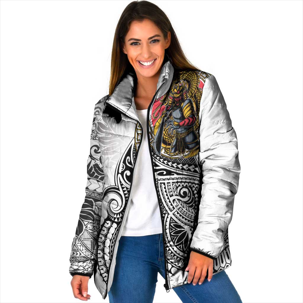 Japanese Samurai Warrior Padded Jacket White Polynesian Tattoo Style LT9 Women White - Polynesian Pride