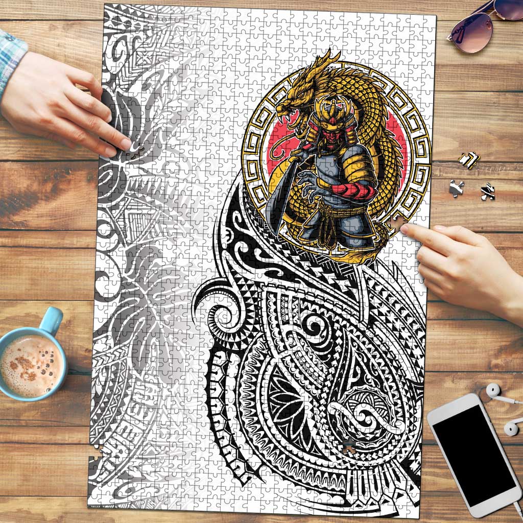Japanese Samurai Warrior Puzzle White Polynesian Tattoo Style LT9 White - Polynesian Pride