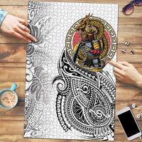 Japanese Samurai Warrior Puzzle White Polynesian Tattoo Style LT9 White - Polynesian Pride