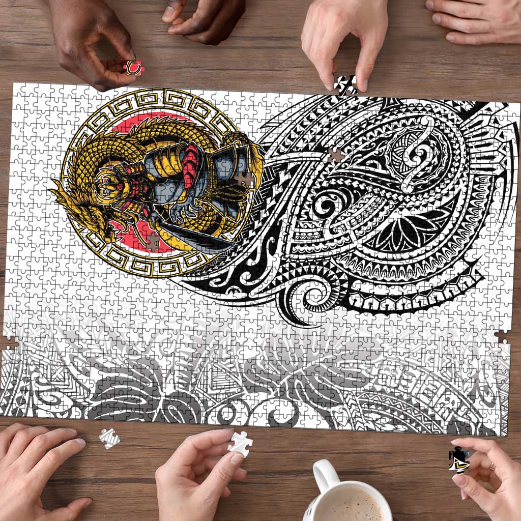 Japanese Samurai Warrior Puzzle White Polynesian Tattoo Style LT9 - Polynesian Pride