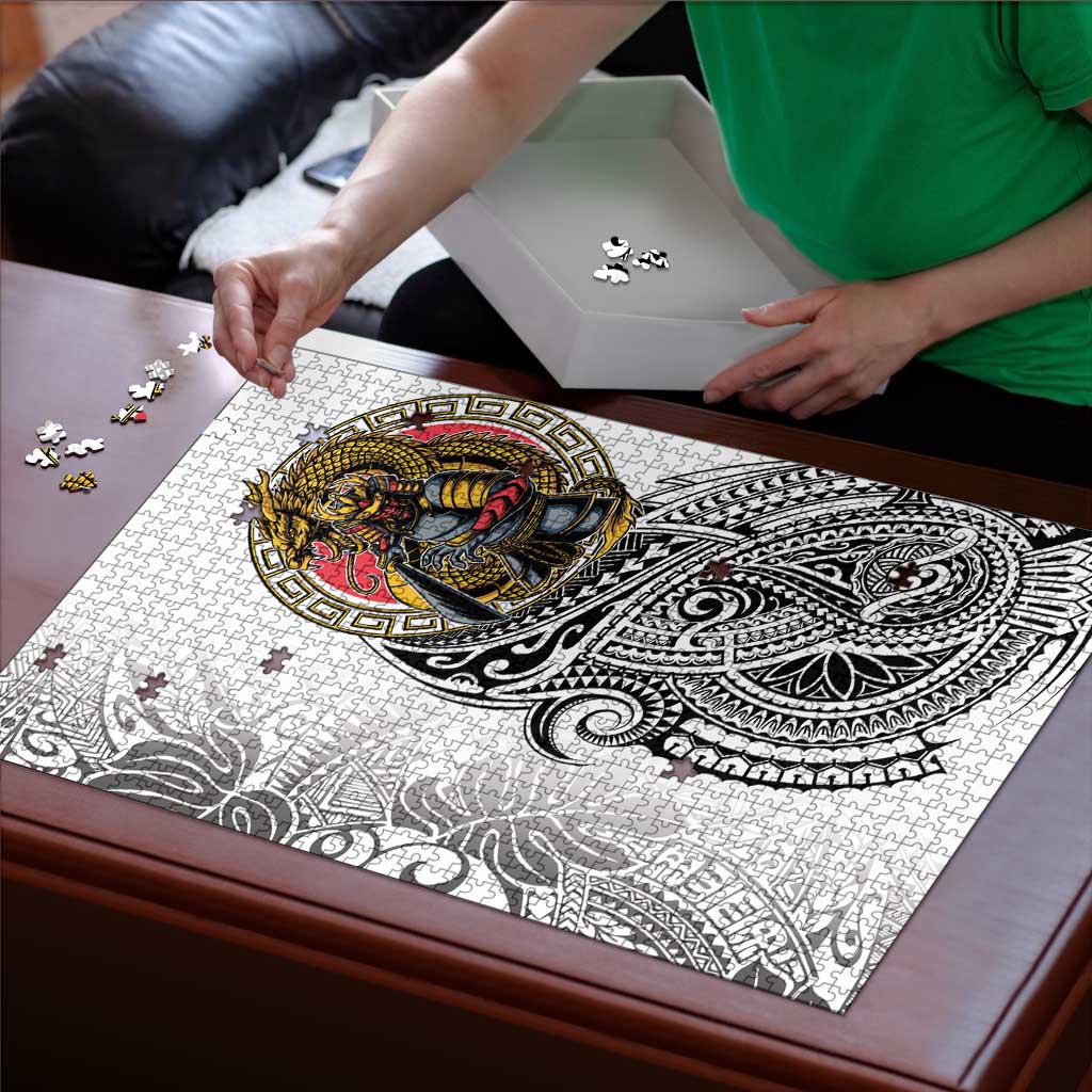 Japanese Samurai Warrior Puzzle White Polynesian Tattoo Style LT9 - Polynesian Pride