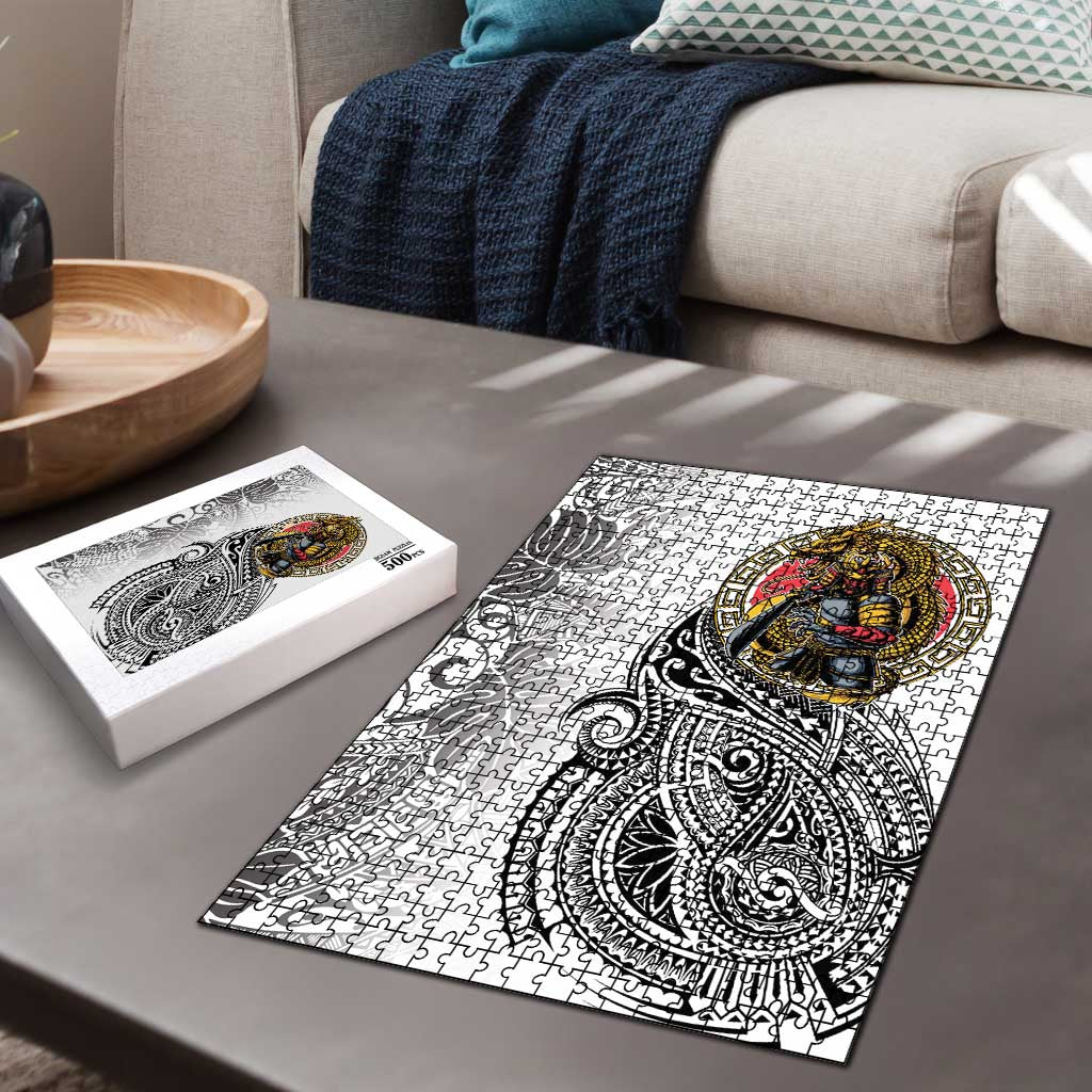 Japanese Samurai Warrior Puzzle White Polynesian Tattoo Style LT9 - Polynesian Pride