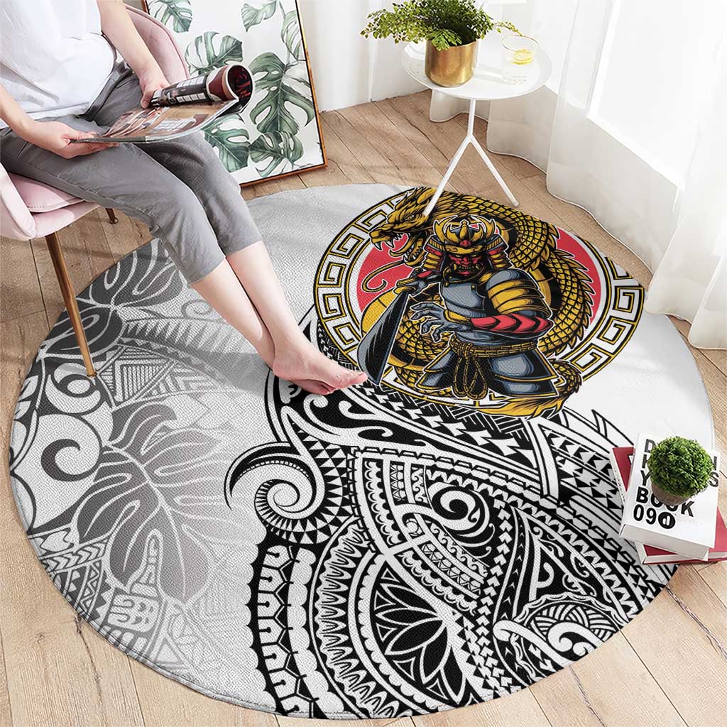Japanese Samurai Warrior Round Carpet White Polynesian Tattoo Style
