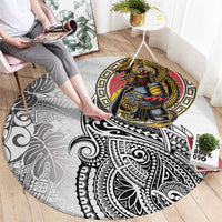 Japanese Samurai Warrior Round Carpet White Polynesian Tattoo Style