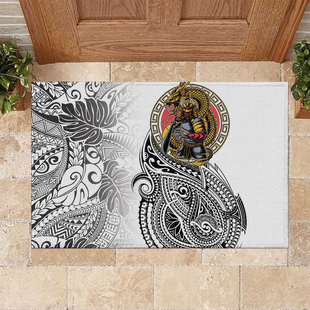 Japanese Samurai Warrior Rubber Doormat White Polynesian Tattoo Style